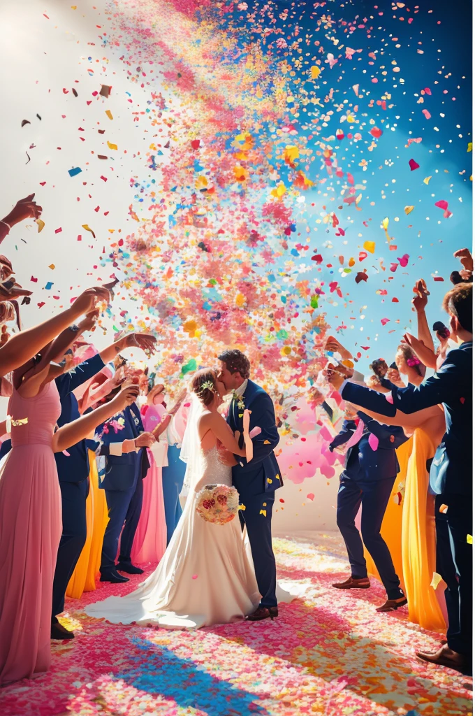 Intricately detailed, ultra high definition, 超高分辨率, masterpiece, random angles, shiny and vibrant, colorful confetti, beautiful and playful, pretty and whimsical, (huge confetti shower: 1.2), scattered and floating, delicate and light, celebratory atmosphere, dynamic lighting, color burst, elegant and joyful, multi-colored rain, vivid hues, painterly style, special occasion, fun and lively, (confetti explosion: 1.5), vintage feel, festive and cheerful, (colorful backdrop: 1.4), surreal art, dreamlike, whimsical, imaginative, full of life,
