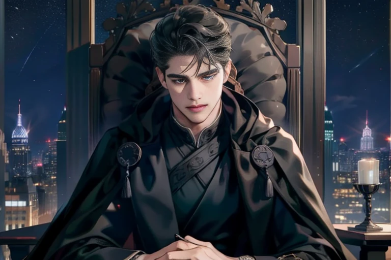 masterpiece, highest quality, highly detailed face, realistic, 1 man, mature men, good looking, 25 years old, closed mouth, portrait, highly detailed face,, ((dark gray eyes)), ((short black hair)), [thick eyebrows], Dark palace, ((big black cloak)), ((All Black)), (dark blue eyes), night sky, Sitting on the throne.