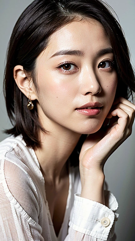 (masterpiece、highest quality、Super detailed、High resolution、In 8K、realistic、Raw photo)、(highest quality、8K、32K、masterpiece)、cute japanese women pictures、50-year-old woman、white and beautiful skin、gentle smile、very short bobbed hair、((Body completed))、face focus、(white shirt)、headless、simple background、looking at the viewer、pale light、no background