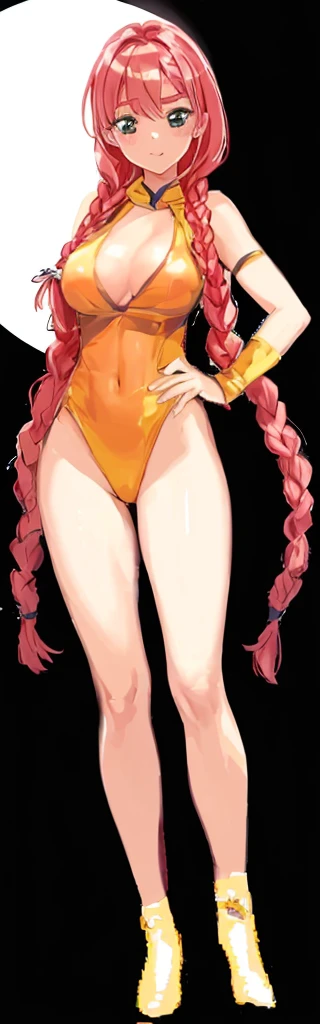 A beautiful woman with long, round hair and shoulder-length braids is standing in an orange high-leg leotard that shows a little of her breasts.。