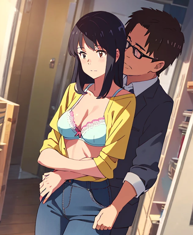 shinkai makoto, kimi no na wa., 1middle age man, wrinkle face, black hair,bangs swept to the right side, office suit, middle aged man caressing girl's body, kiss cheeks, passionate hug, boy is hugging from behind, chestgrope from behind, middle aged man is touchig girl's chest, hold chest, 1girl, bangs, black hair, brown eyes, Twisted Half Up Hair, red ribbon, long hair, yellow collared shirt, open shirt, off shoulders,unbuttoned shirt, pink bra, cleavage, breast, medium breast, blue pants, storage room, indoors, masterpiece, perfect anatomy, cowboyshot