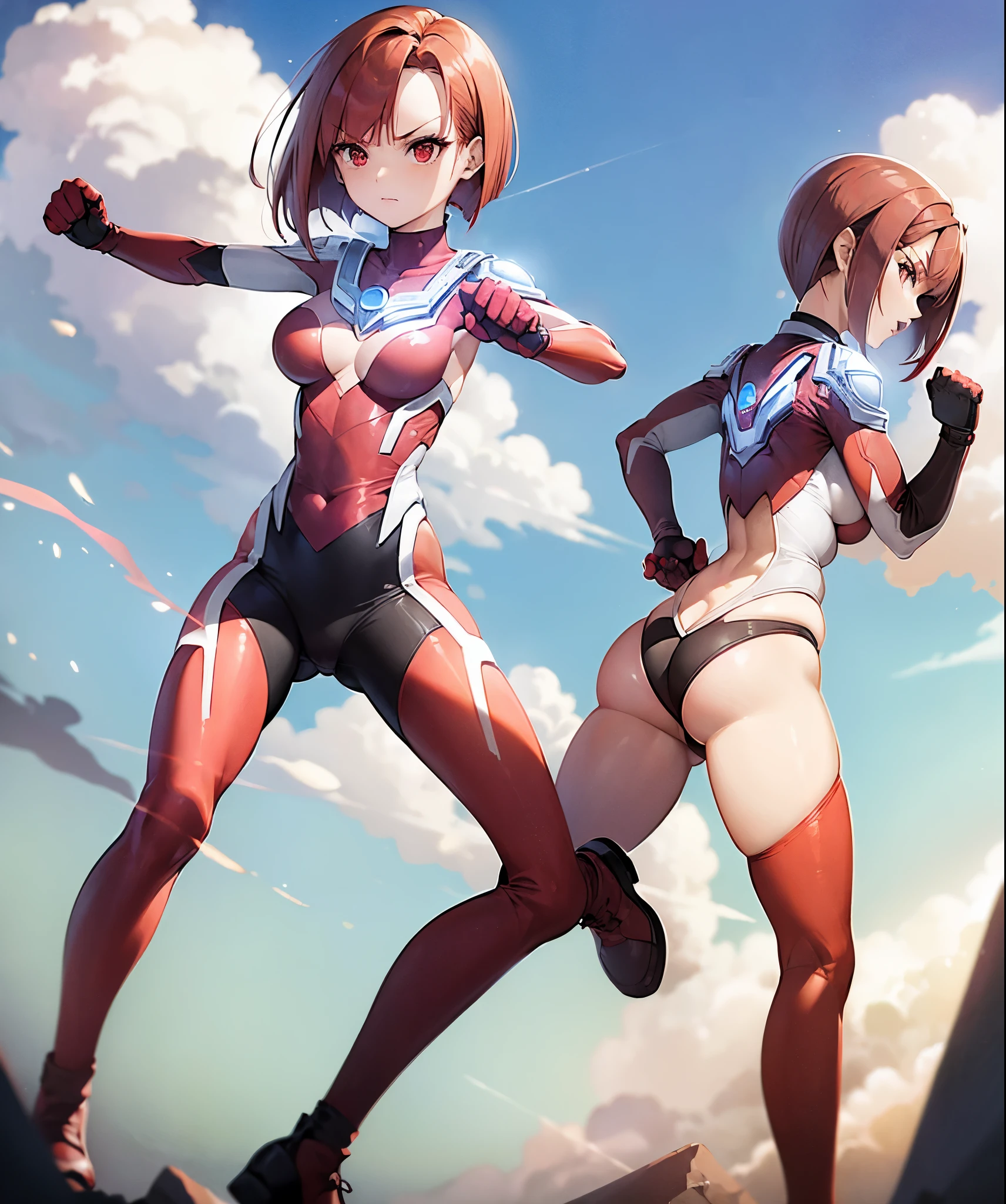 woman,(red hair:1.5),(short bob:1.5),red eyes, (Ultra Girl :1.0), (silver and red ultraman bodysuit:1.0),big breasts,(Put your hands on your hips:1.1),(fist:1.1),(Turn your back to your audience:1.3),(back view:1.2),(butt:1.2)