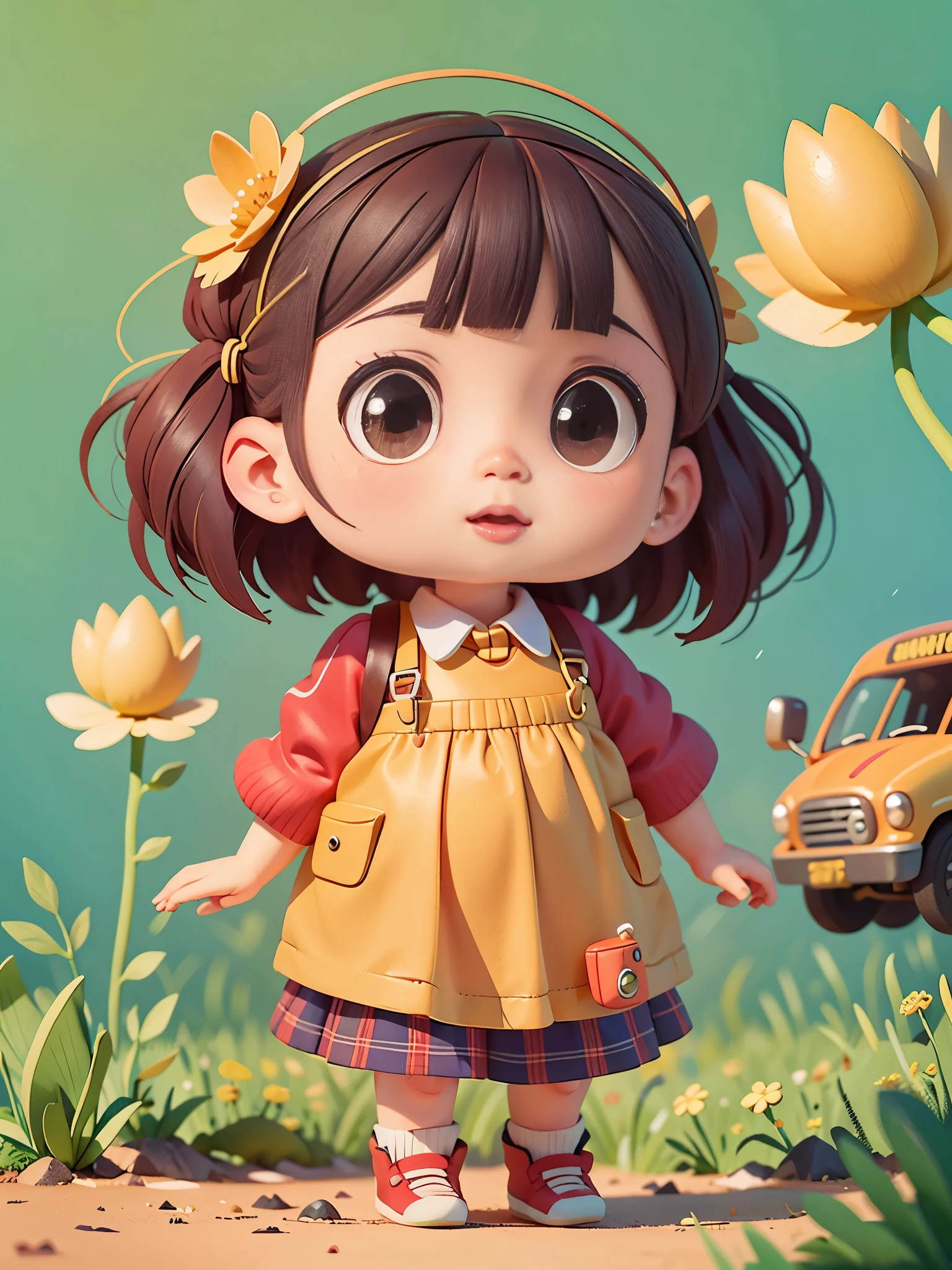1 girl, preschool,Standing next to the school bus, (masterpiece: 1.2) (actual: 1.2) (Bokeh) (best quality) (delicate skin: 1.3) (intricate details) (8k) (delicate eyes) (sharp focus), (happy)