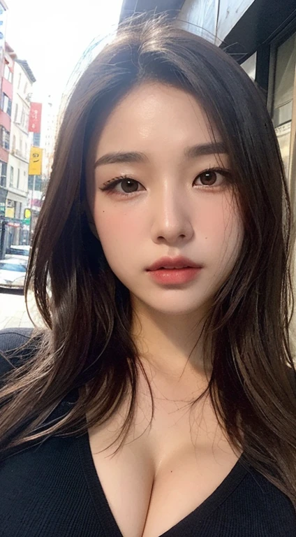 ((best qualtiy, 8K, tmasterpiece:1.3)), Sharp:1.2, perfect figure beautiful woman:1.4, Slim abs:1.2, ((Layered Hair Style, huge tit:1.3,cleavage:1.2)), (A long shirt with transparent wet black buttons:1.1),(Sateen,the street:1.2),Highly detailed facial and skin texture,A detailed eye,二重まぶた,Look sideways at the camera
