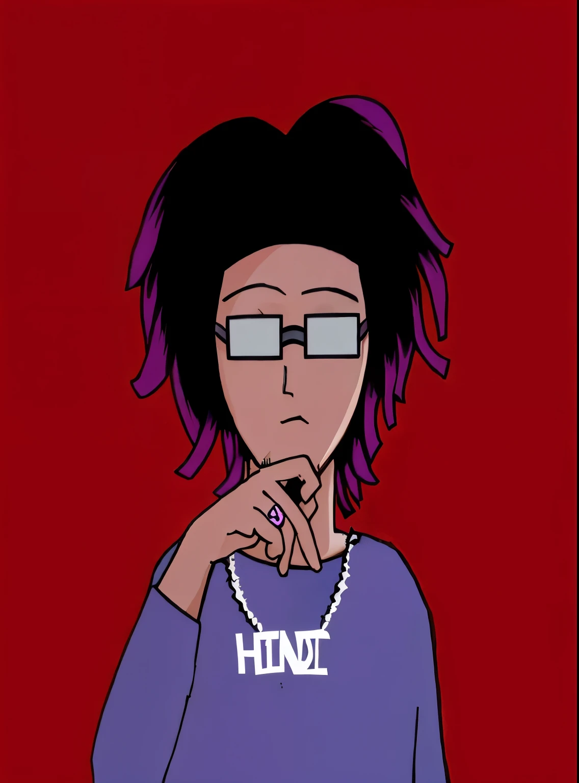 cartoon of a man with purple hair and glasses smoking a cigarette, in an anime style, inspired by Gang Hui-an, in the art style of 8 0 s anime, in anime style, 2 d anime style, as an anime character, character portrait of me, with index finger, halfbody headshot, hirohiko araki style, in the style of akira, with yellow background