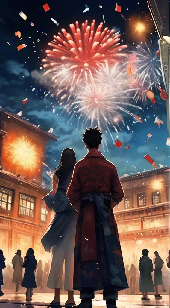New Year Eve celebration, people gather in squares or bars, colorful confetti falls from the sky accompanied by fireworks and cheers, panoramic view, Ultra high saturation, (best quality, masterpiece, Representative work, official art, Professional, 8k)