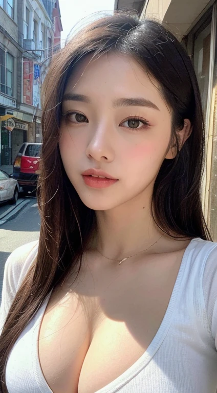 ((best qualtiy, 8K, tmasterpiece:1.3)), Sharp:1.2, perfect figure beautiful woman:1.4, Slim abs:1.2, ((Layered Hair Style, huge tit:1.3,cleavage:1.2)), (A long shirt with transparent wet black buttons：1.1），（Sateen，the street：1.2）,Highly detailed facial and skin texture，A detailed eye，二重まぶた，Look sideways at the camera