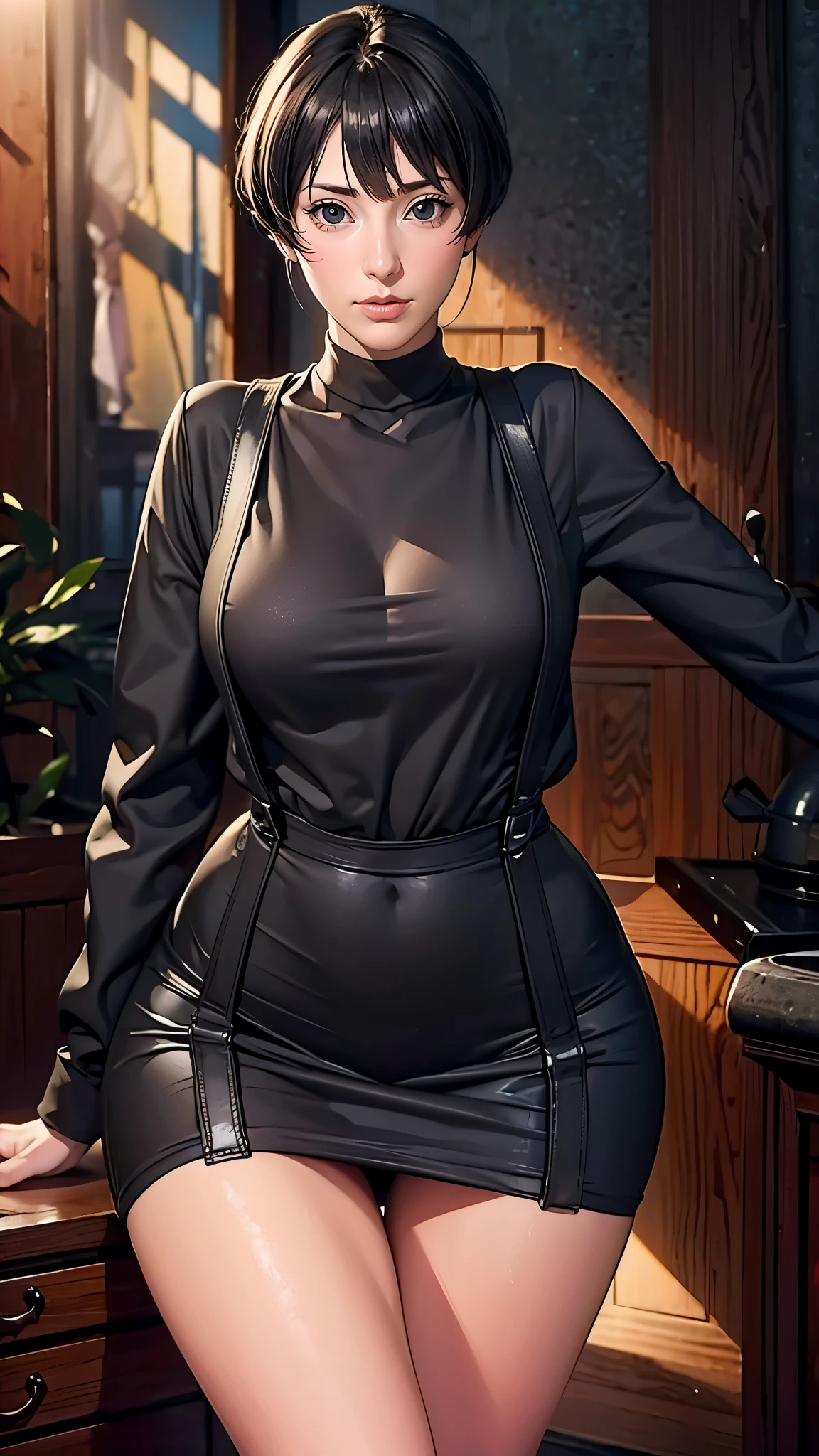 (((Black turtleneck wool sweater,灰色Suspenders,(chicken), ((Suspenders)), (((Kurotsuchi,short black hair,black pupils,Good-looking, ))),(((wide hips))),S-shaped body:1.7))),((masterpiece)),high resolution, ((Best quality at best)),masterpiece,quality,Best quality,((( Exquisite facial features,looking at the audience,There is light in the eyes,lol,confidence ))),(((Light and shadow interlace,huge ,))),(((looking into camera,legs together,Put your hands behind your back,Slender and slender legs)))