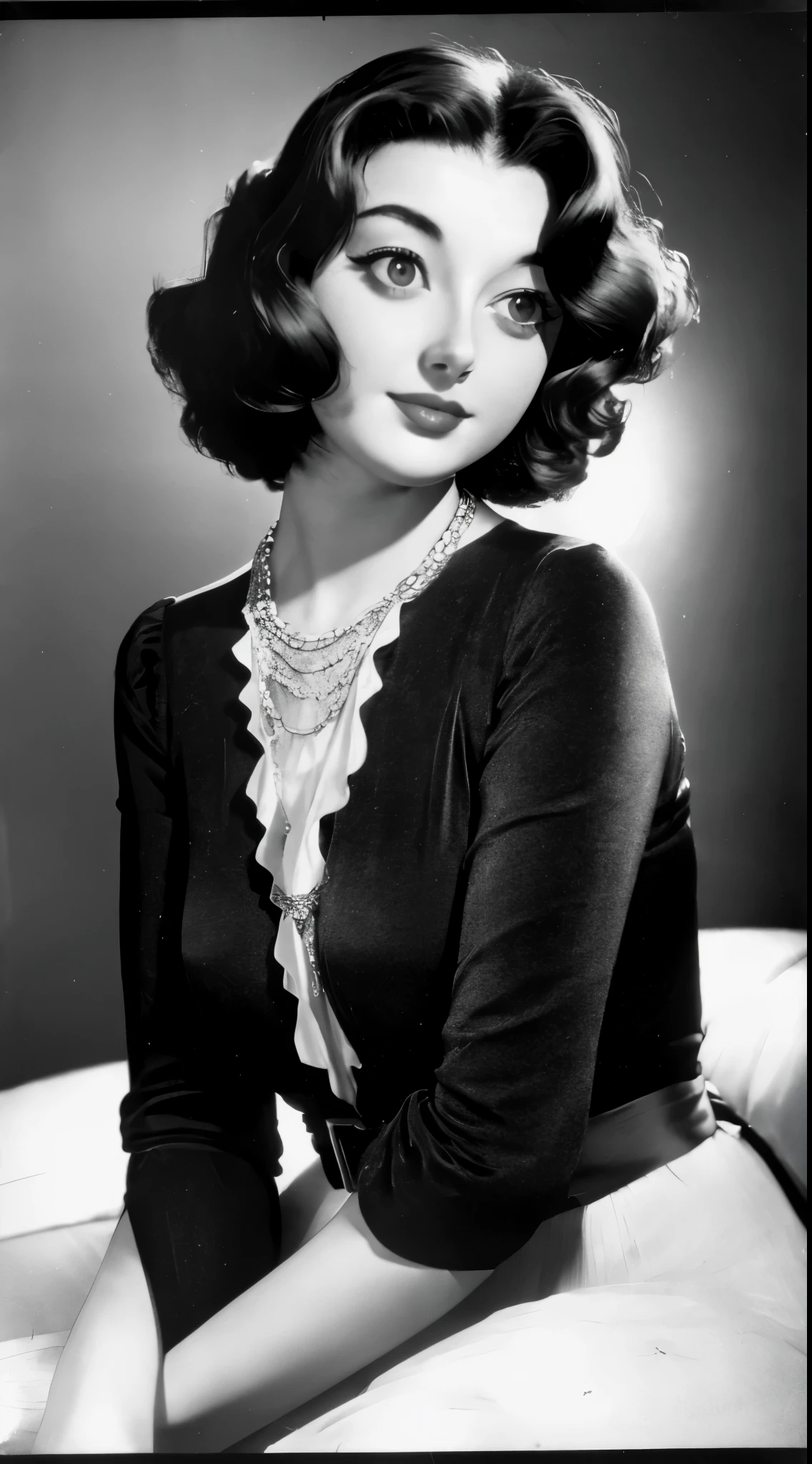portrait of  a girl, a retro haircut, double tails, dressed in a 1930s-inspired dress, pencil skirt