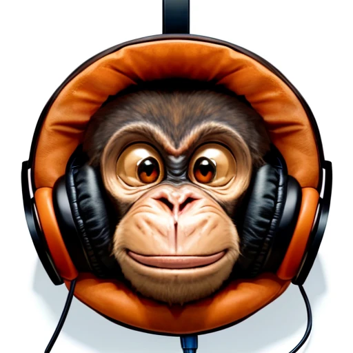 a close up of a monkey face with headphones, (headphones are upside down), inspired by Alex Petruk APe, monkey, bored ape, face like monkey, monkeys, in style of monkeybone, in style of primal apes, ape, orange head