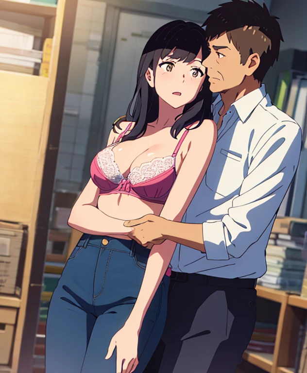 shinkai makoto, kimi no na wa., 1middle age man, wrinkle face, black hair,bangs swept to the right side, office suit, middle aged man caressing girl's body, kiss cheeks, passionate hug, boy is hugging from behind, chestgrope from behind, middle aged man is touchig girl's chest, hold chest, 1girl, bangs, black hair, open mouth, brown eyes, Twisted Half Up Hair, red ribbon, long hair, yellow collared shirt, open shirt, off shoulders,unbuttoned shirt, pink bra, cleavage, breast, medium breast, blue pants, storage room, indoors, masterpiece, perfect anatomy, cowboyshot