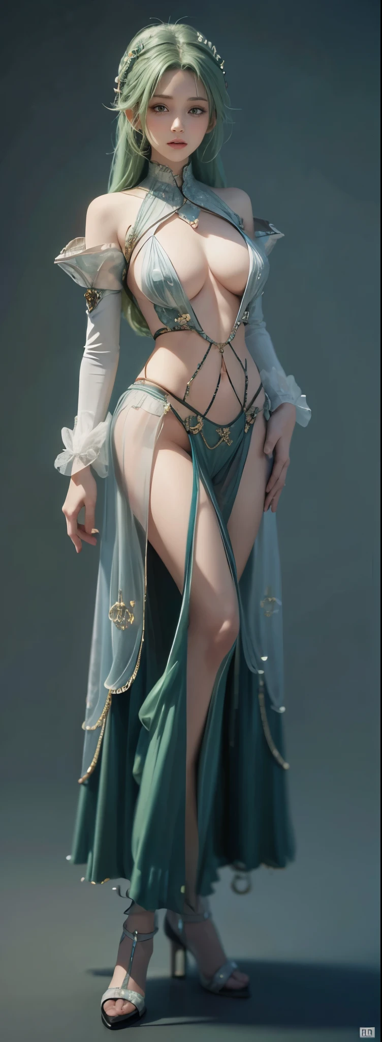 green hair surrealism, shadow, character table, Reference table, Draw while standing, 8k, Super details, 1080P, Women HD, 4K, 8k, 16k, high resolution, best quality, high quality, anatomically correct, masterpiece, precise, ultra high definition,grace,Unreal Engine,delicate face,long braids,slim,long legs