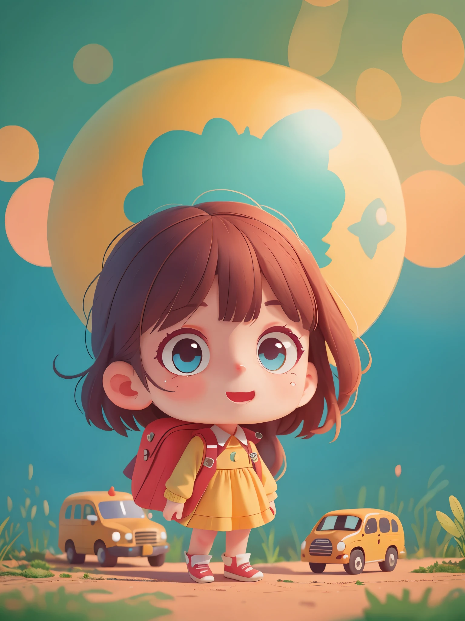 1 girl, preschool，Standing next to the school bus, (masterpiece: 1.2) (actual: 1.2) (Bokeh) (best quality) (delicate skin: 1.3) (intricate details) (8k) (delicate eyes) (sharp focus), (happy)