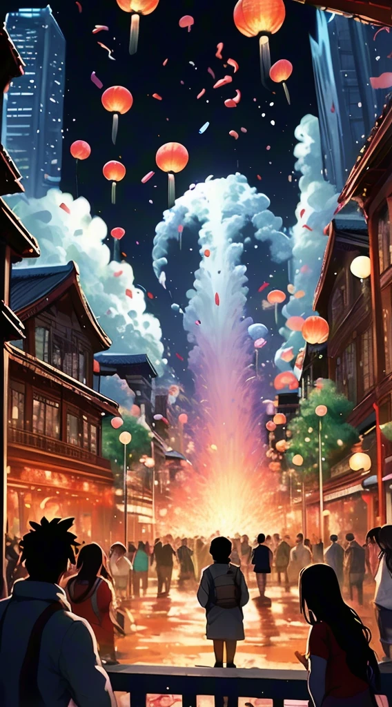 New Year Eve celebration, people gather in squares or bars, colorful confetti falls from the sky accompanied by fireworks and cheers, panoramic view, Ultra high saturation, (best quality, masterpiece, Representative work, official art, Professional, 8k)