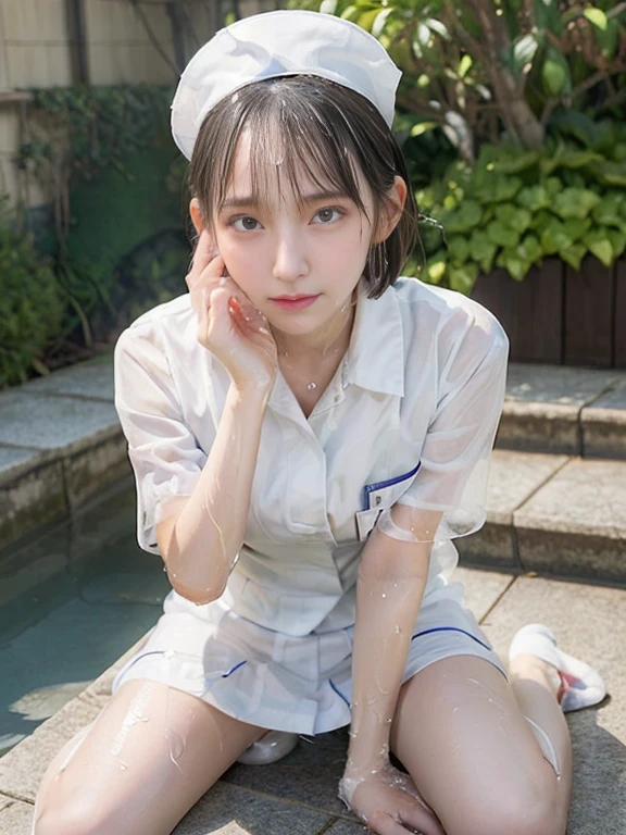 ((very beautiful nurse undresses ベッドの上in)). (Wearing a white transparent nurse uniform: 1.5). 40k, photograph, table top, highest qualityの, cute, (Short hair). 柔らかいchestと白い肌を持つ美しい日本人女性, various poses. ((big: 1.2)), ((とても柔らかいchestを持っています, Lie down and open your crotch wide, restrained)), super detailed face, fine eyes, Yui Arakaki, sharp pupils, light brown hair, very short bob hair without bangs, (8K, highest quality, table top: 1.2), (realistic, photographrealistic: 1.2), ベッドの上in, Lying, shirt, skirt, spread your legs, unconscious, sleep, {{cum on facial}},_in_mouth,_Sui_hair, chest , whole body,(((Thick white liquid on the face))),(Thick white fluid on the body) , ((body dripping wet)), ((wet thighs)), (((thick dripping from the body)))), (((chestに厚い)))), Lying, よだれinびしょ濡れのmouth, holding a long eggplant in his hand, thicken the eggplant.
