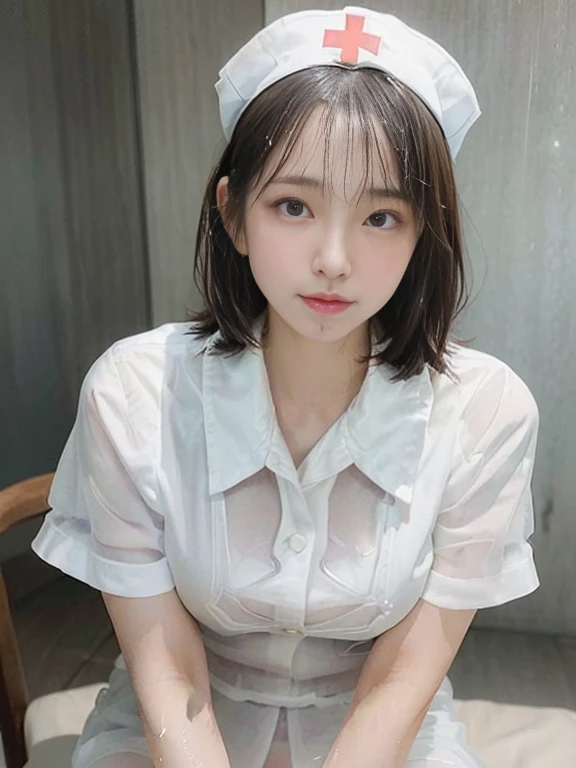 ((very beautiful nurse undresses ベッドの上in)). (Wearing a white transparent nurse uniform: 1.5). 40k, photograph, table top, highest qualityの, cute, (Short hair). 柔らかいchestと白い肌を持つ美しい日本人女性, various poses. ((big: 1.2)), ((とても柔らかいchestを持っています, Lie down and open your crotch wide, restrained)), super detailed face, fine eyes, Yui Arakaki, sharp pupils, light brown hair, very short bob hair without bangs, (8K, highest quality, table top: 1.2), (realistic, photographrealistic: 1.2), ベッドの上in, Lying, shirt, skirt, spread your legs, unconscious, sleep, {{cum on facial}},_in_mouth,_Sui_hair, chest , whole body,(((Thick white liquid on the face))),(Thick white fluid on the body) , ((body dripping wet)), ((wet thighs)), (((thick dripping from the body)))), (((chestに厚い)))), Lying, よだれinびしょ濡れのmouth, holding a long eggplant in his hand, thicken the eggplant.