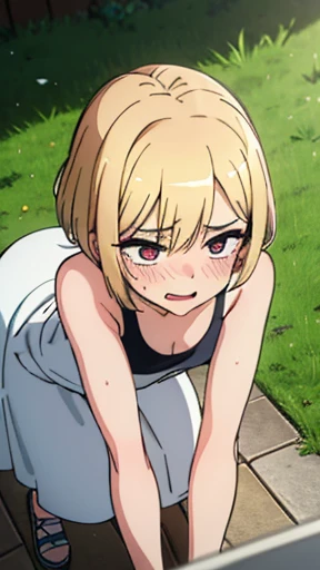 Very detailed image 8k European junior high school girl Beautiful girl Blonde Short hair Small breasts Beautiful legs Blushing Sweat outside Athletics Crawling on all fours Composition viewed from directly above Mouth wide open and tongue sticking out White skin Regretful expression White wet dress Looking at camera, put one hand out in front of the other
