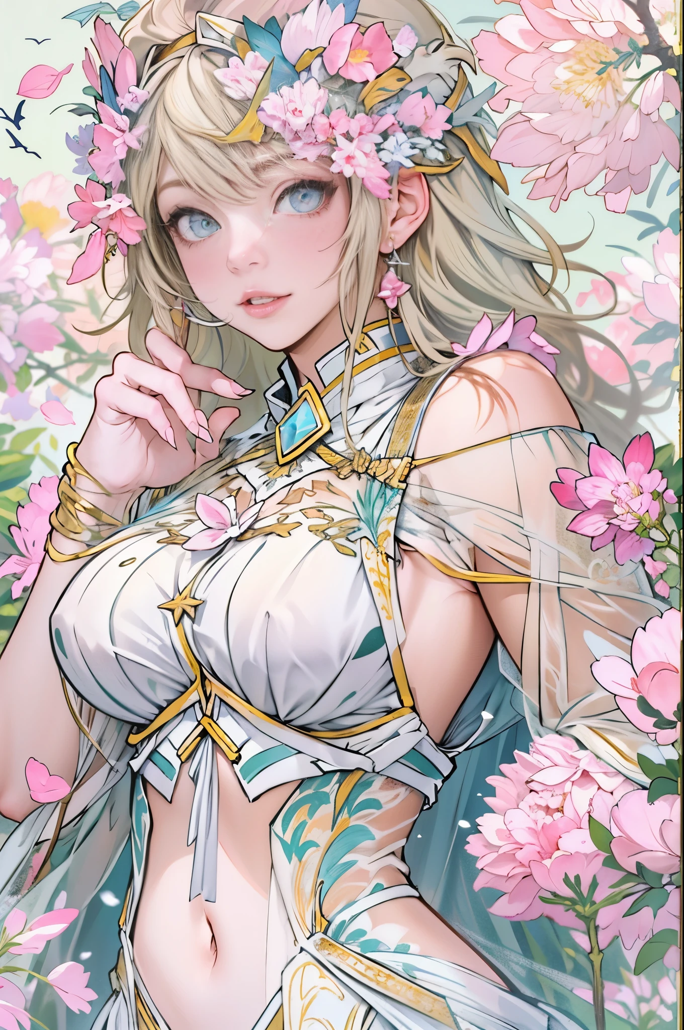 （need，tmasterpiece），1个Giant Breast Girl，lewd poses，Particle，ventania，Flowers，upper part of body，simplebackground，looking at viewert，Focus on the face，blonde with blue eyes，standing back，Repeat rate，Correct anatomy，详细的脸, 詳細な目，borgar, blossoms, delicate scene, Skysky, baiyun, The sun shines on the snow-white beach. birds, Pink flowers and bright large shells, Diamond crystals, On the sandy beach, fanciful, nigh sky, themoon, smokes, firey, photore, k hd, 8K, hyper HD, super detailing, high qulity,