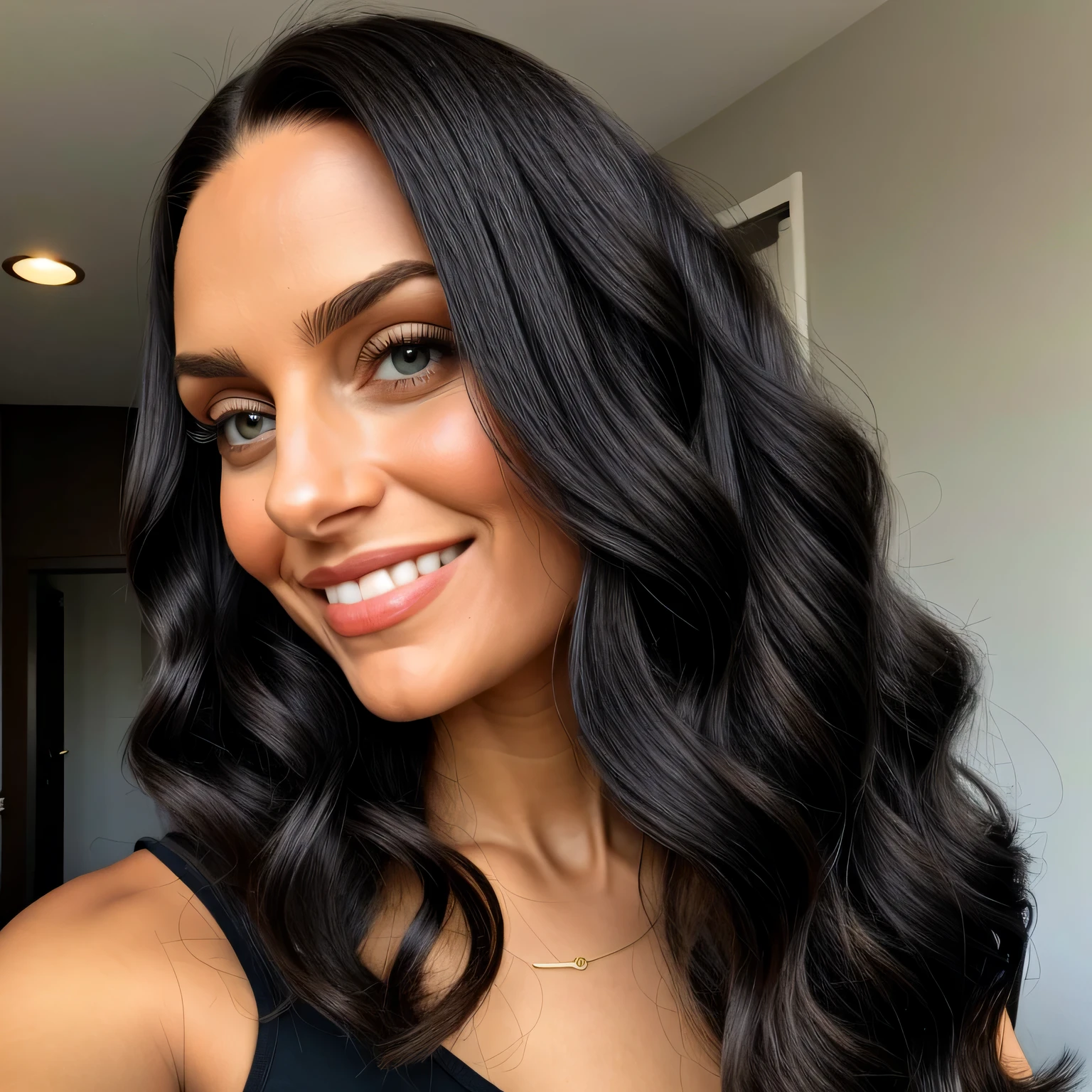 1 femme, long, wavy hair, dark brown eyes, seins moyens, sexy robe noir avec colier diaments