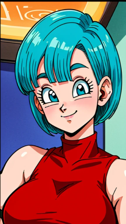 high definition, 8K, detailed face, grabbing her breast, showing her breast, Bulma from dragonball z, Deep blue eyes, (large breasts)), slim and thin, body of equal proportionocus on her breast)), front view, 2 handlue hair, Beautiful smile, Smiling at viewer, blushing cheeks, naked nude