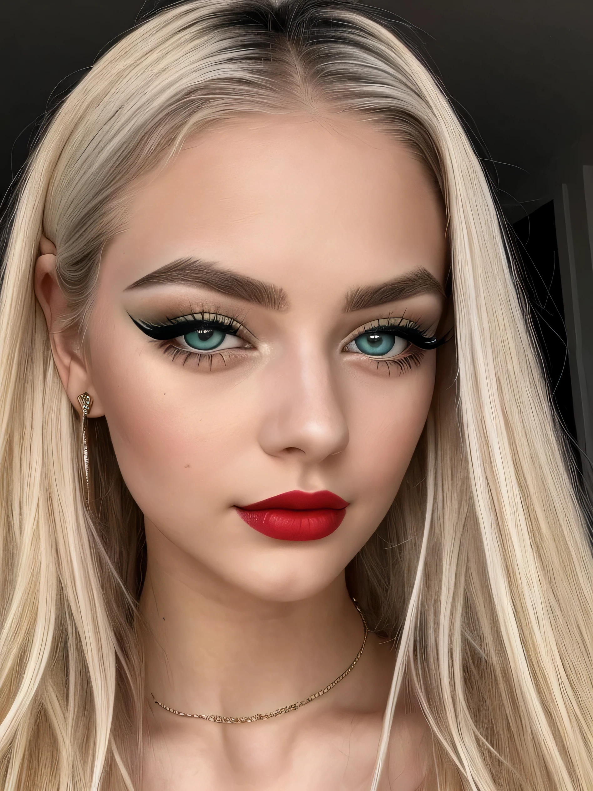 A 20-year-old girl with beautiful green eyes and blond hair, the ends of which gradually fade to pale blue, white skin and beautiful with black eyebrows and shiny red lipstick, long and beautiful curled black eyelashes, and beautiful black eyeliner who looks at the camera