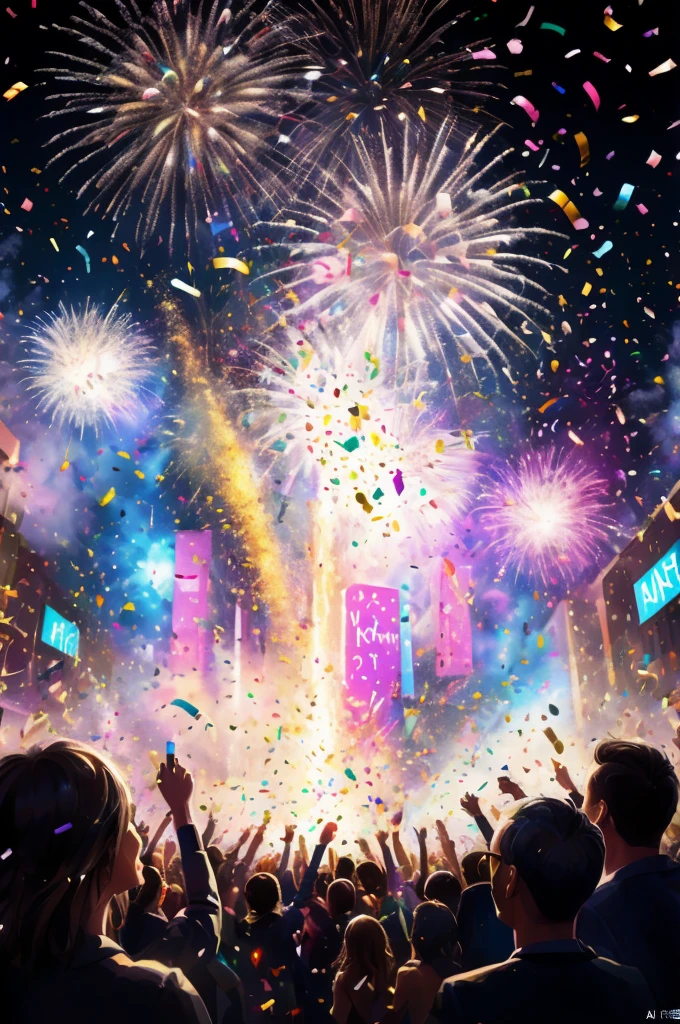 New Year Eve celebration, people gather in squares or bars, colorful confetti falls from the sky accompanied by fireworks and cheers, panoramic view, Ultra high saturation, (best quality, masterpiece, Representative work, official art, Professional, 8k)