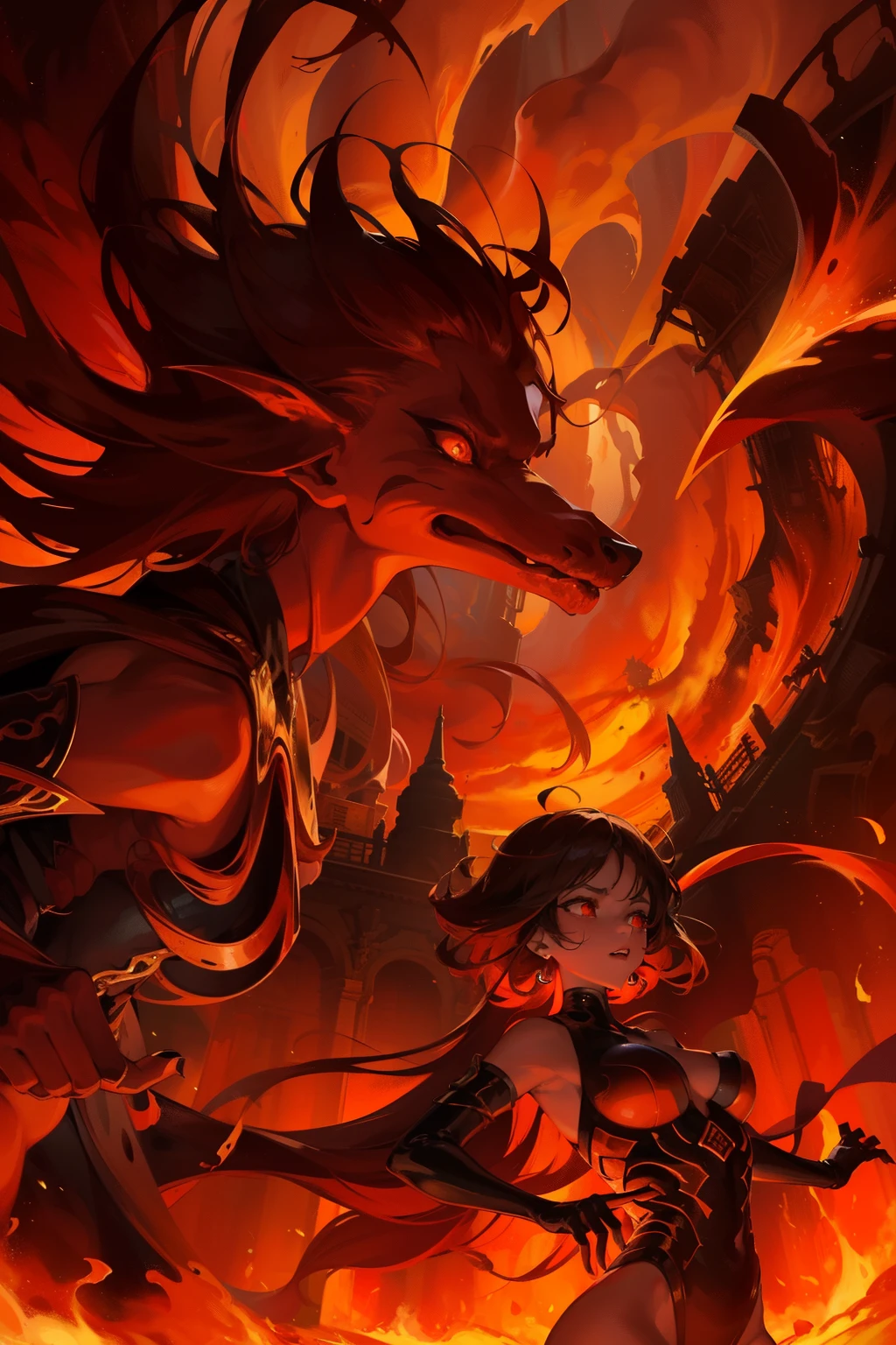 The fire city, engulfed in an eternal inferno, emanates an otherworldly allure under the scorching sun. Red and orange hues dominate the landscape, mirrored in the molten lava rivers that course through the streets. In the distance, blackened structures hint at the once-vibrant architecture that now lies in ruins. Smoky plumes rise into the sky, intermingling with the twisted forms of fire elementals, their dancing flames casting long, ominous shadows. The air is thick with the acrid scent of sulfur and the relentless roar of the inferno. A sense of both destruction and creation lingers, as new growth emerges