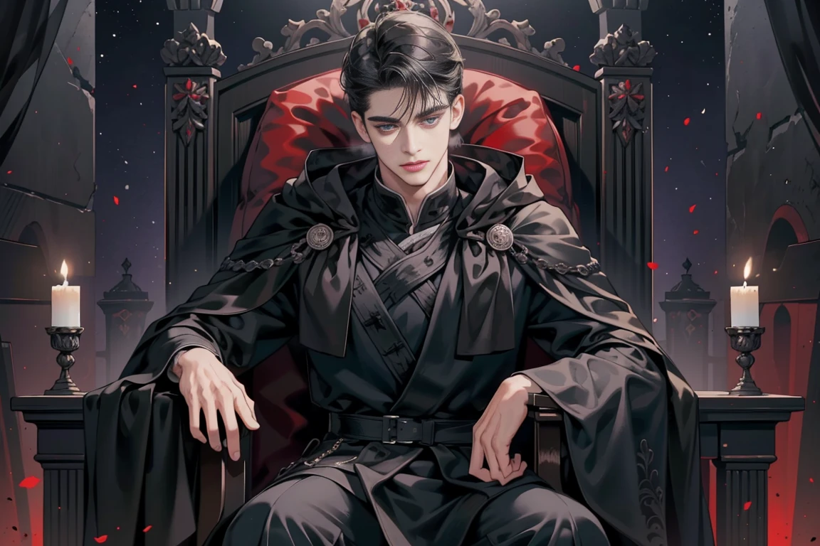 masterpiece, highest quality, highly detailed face, realistic, 1 man, mature men, good looking, 20-year-old, closed mouth, portrait, highly detailed face,, ((dark gray eyes)), ((midium black hair)), [thick eyebrows], Dark palace, ((huge black cloak)), ((Red and Black)), (dark blue bright eyes), night sky, Sitting on the throne.