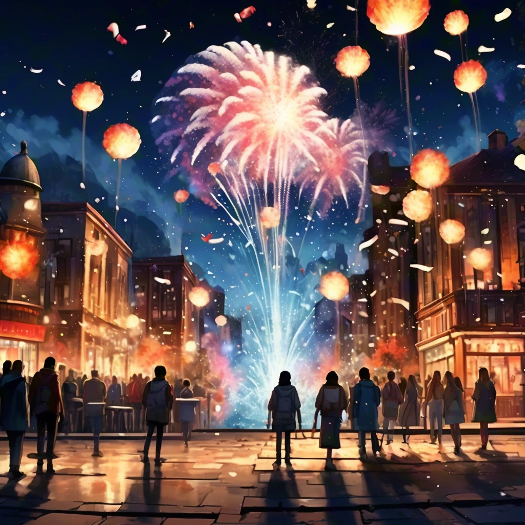New Year Eve celebration, people gather in squares or bars, colorful confetti falls from the sky accompanied by fireworks and cheers, panoramic view, Ultra high saturation, (best quality, masterpiece, Representative work, official art, Professional, 8k)