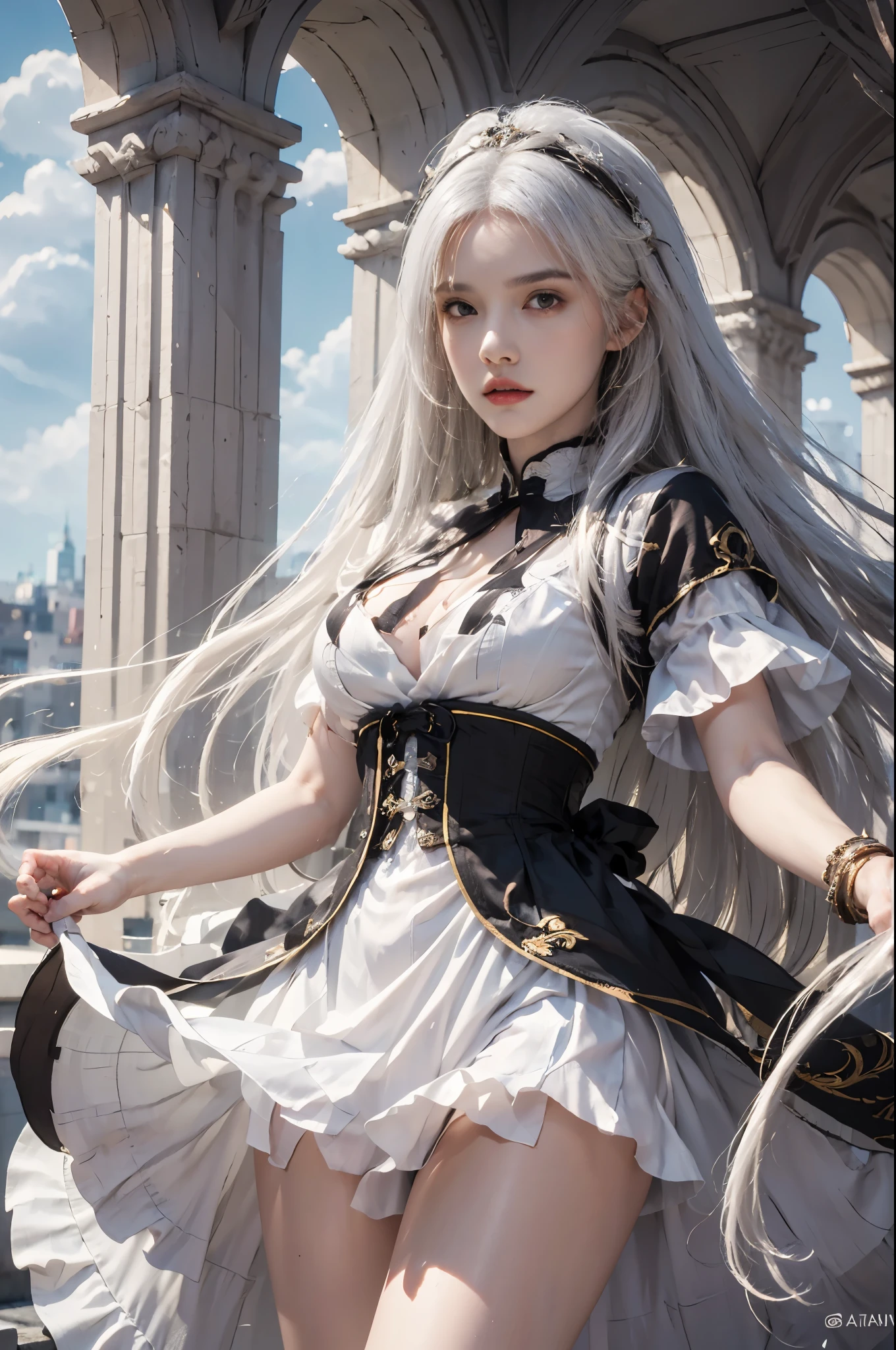arafed woman with bustier gigantic breast in a corset and dress in front of a building, wearing an ornate outfit, ornate dress, intricate dress, elegant corset, ornate and elegant, extravagant dress, inspired by Hedi Xandt, ornate attire, intricate outfit, ornate royal gown, ornate clothing, ornate gown, intricate and elegant, intricate detailed dress, ornate , royal dress, masterpiece, best quality:1.2),,(8k,highres,RAW photo,realistic,photo-realistic:1.3),(detailed skin texture,detailed cloth texture,beautiful detailed face:1.25),professional lighting,photon mapping,beautiful soft light,radiosity,physically-based rendering,raytracing, model shoot style, model shoot style, (extremely detailed CG unity 8k wallpaper), full shot body photo of the most beautiful artwork in the world,