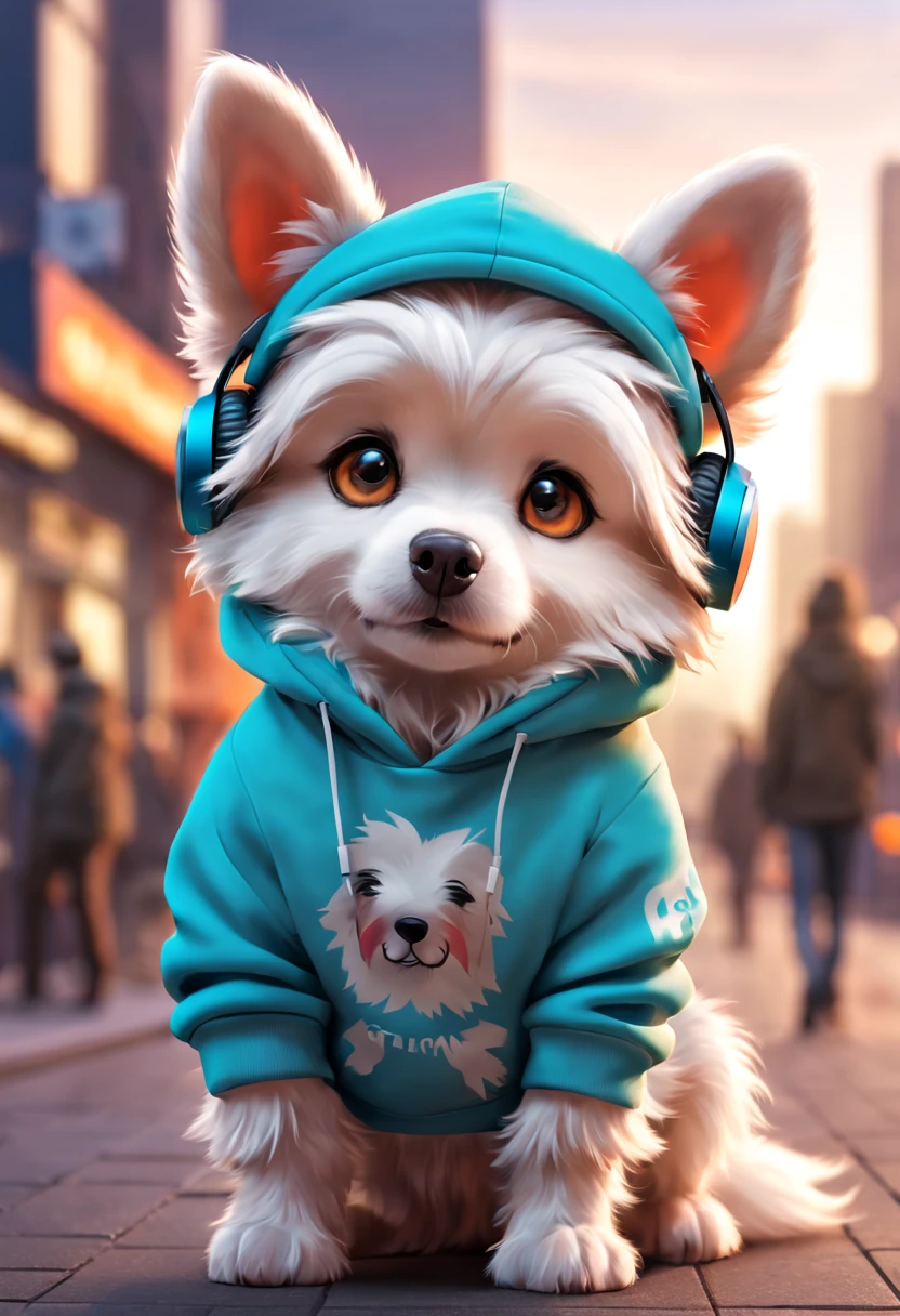 Cute dog with fluffy fur wearing one hoodie and headphones, city background is blurred, Adorable Digital Painting, 3d rendered, Bright lighting, Vibrant colors,