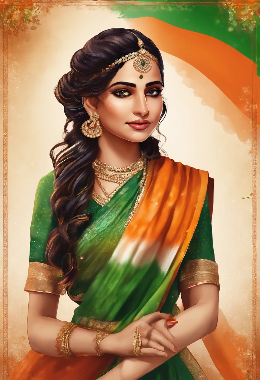 Create a vibrant and dynamic animation image capturing the essence of Republic Day celebration in India. The backdrop features the iconic tricolor Indian flag, while a spirited Rajputni girl, adorned in traditional attire, stands confidently with a sword in hand, exuding attitude and pride. The character should be animated, showcasing a full-body view with lively expressions. The Indian flag should be placed in the distance, symbolizing the patriotic celebration. Incorporate elements that evoke the spirit of Republic Day, such as confetti, fireworks, or other festive details, to enhance the overall festive atmosphere of the scene."