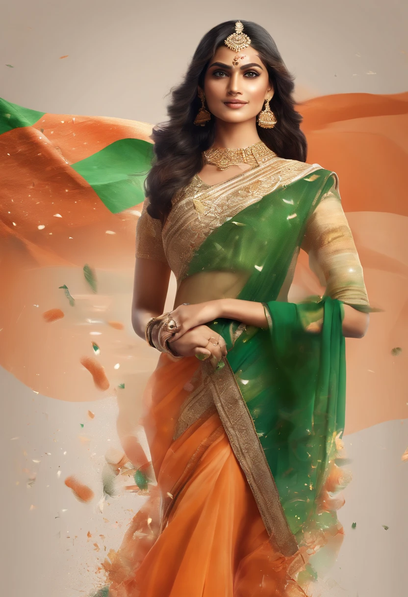 Create a vibrant and dynamic animation image capturing the essence of Republic Day celebration in India. The backdrop features the iconic tricolor Indian flag, while a spirited Rajputni girl, adorned in traditional attire, stands confidently with a sword in hand, exuding attitude and pride. The character should be animated, showcasing a full-body view with lively expressions. The Indian flag should be placed in the distance, symbolizing the patriotic celebration. Incorporate elements that evoke the spirit of Republic Day, such as confetti, fireworks, or other festive details, to enhance the overall festive atmosphere of the scene."