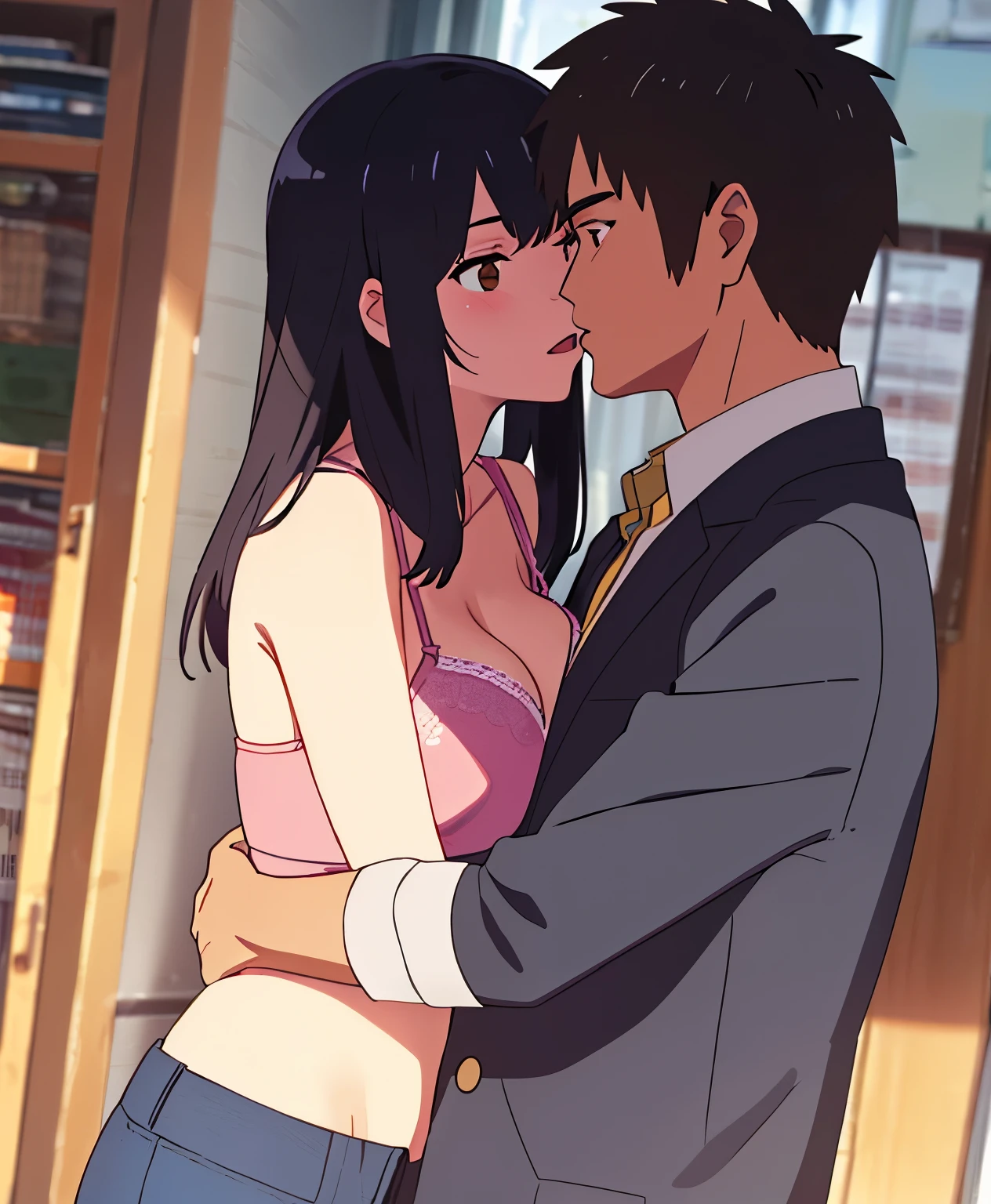 1middle age man, wrinkle face, black hair,bangs swept to the right side, Middle aged man behind girl, touching chest, biting shoulders, breatsgrope from behind, grab, grabbing chest,chestgrab behind back, removing bra, hold bra, hug back, hugging, neck kiss, 1girl, black hair, waterfall braid, red ribbon, long hair, brown eyes, collared shirt, unbuttoned, medium bresst, nipples, pink nipples, white pants, cute, open mouth, full body, long sleeves, cowboy shot, masterpiece, on a dating, blushing, bedroom, night, sit on bed