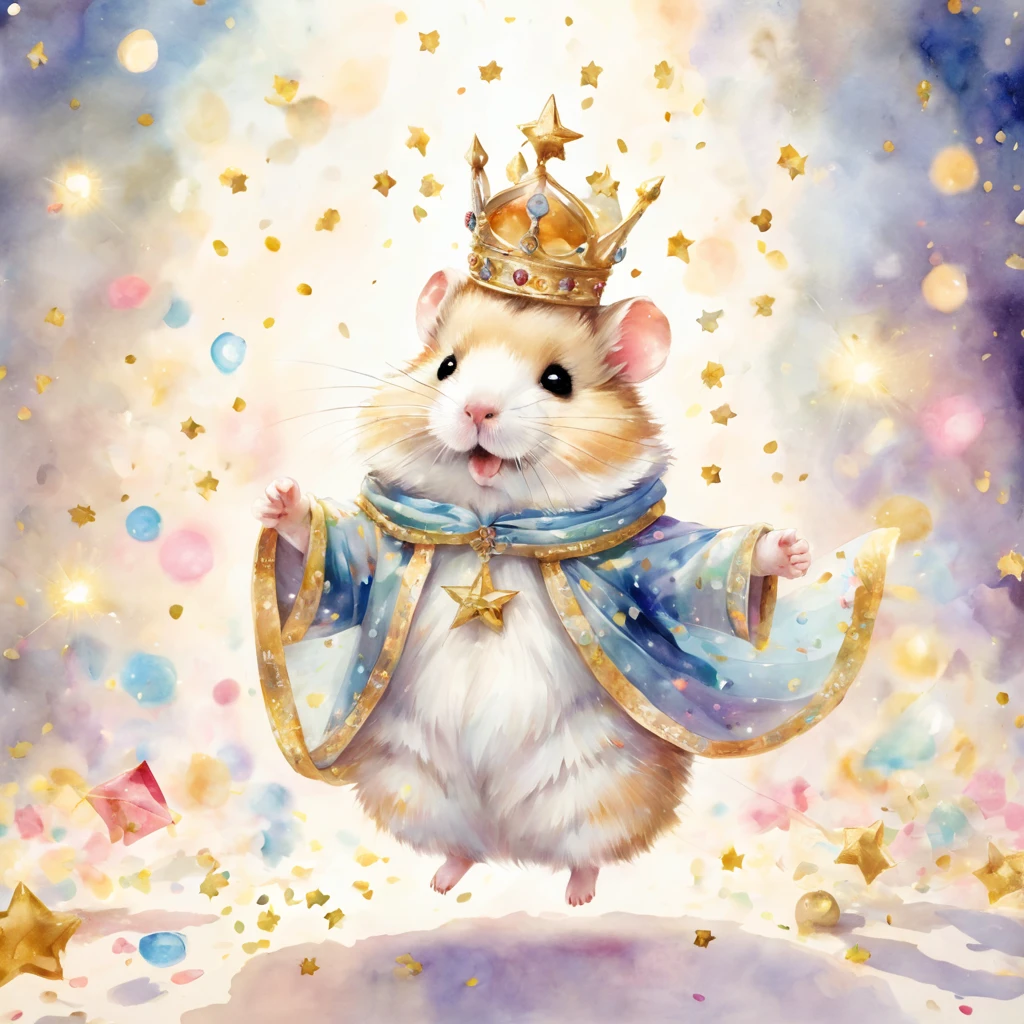 ((danceハムスター)),((confetti)),dance,raise a hand,jump,open your mouth,indoor,masterpiece,highest quality,fluffy hamster,Little,cute,fun,happiness,,Fashionable scenery,Sparklingエフェクト,celebration,anatomically correct,All the best,最高にcuteハムスター,cuteハムスター，,fantasy,randolph caldecott style,enlightenment,watercolor painting,Gentle shades,((confetti)),Sparkling,star,Light,sequins,crown,The king's cloak,Holding up the trophy