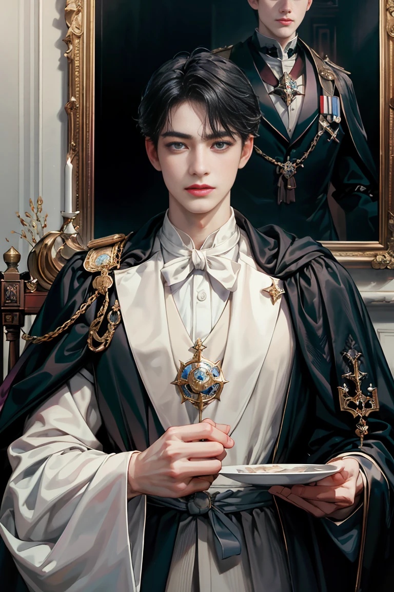 masterpiece, 最high quality, high quality, 1 boy, alone, male focus, looking at the viewer, Upper body, victory_destiny, black hair, big blue eyes, white people, Noble, historic, noble, noble的な, victorian、big black cloak, 20-year-old