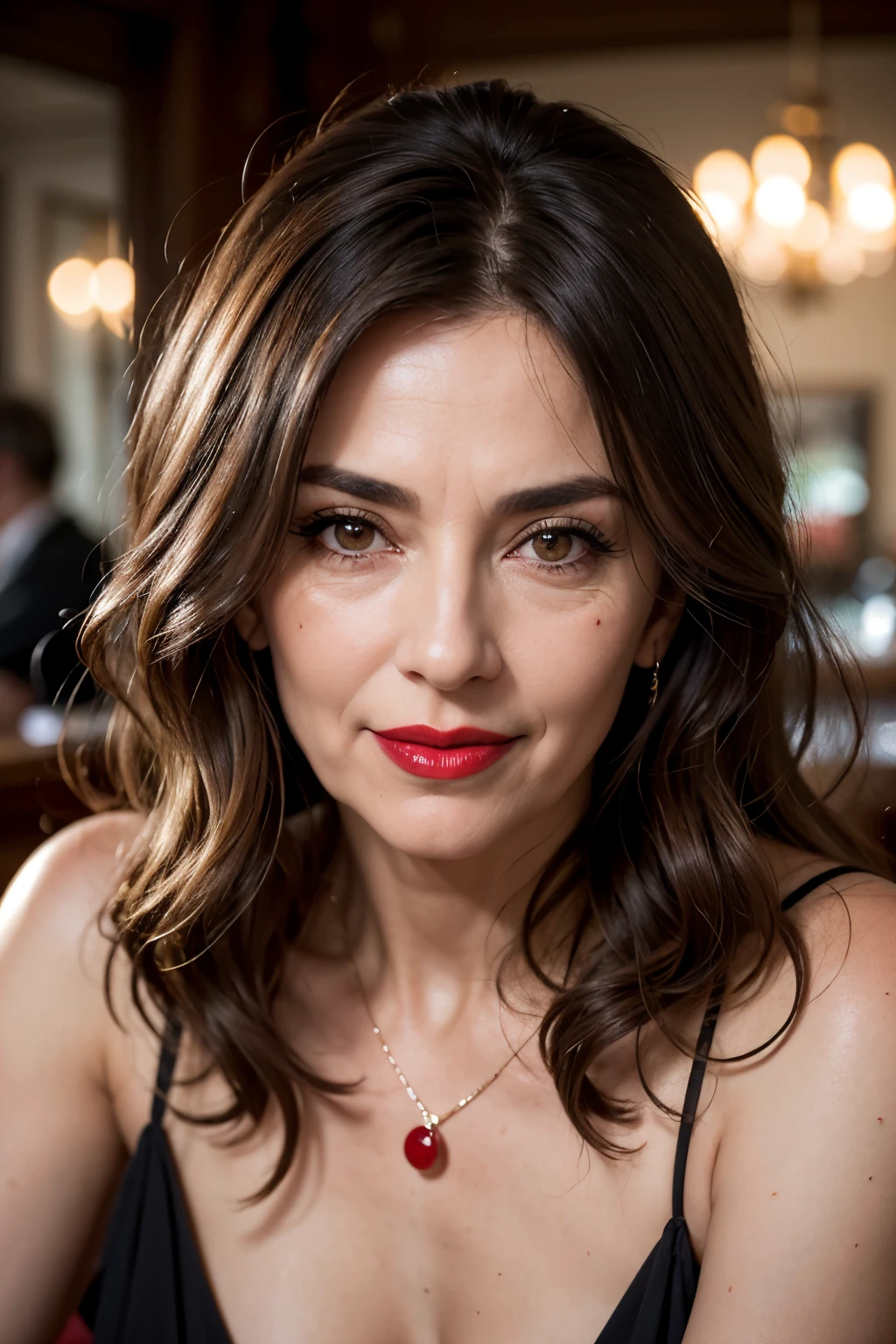 Gorgeous portrait of an older Spanish woman, long wavy hair, bright red lips, black eye shadow, charming smile, deep neckline, cafe, eye contact, looking at viewer, masterpiece, best quality, perfect detail, perfect face detail, perfect eye detail  , perfect skin detail, depth of field, perfect lighting