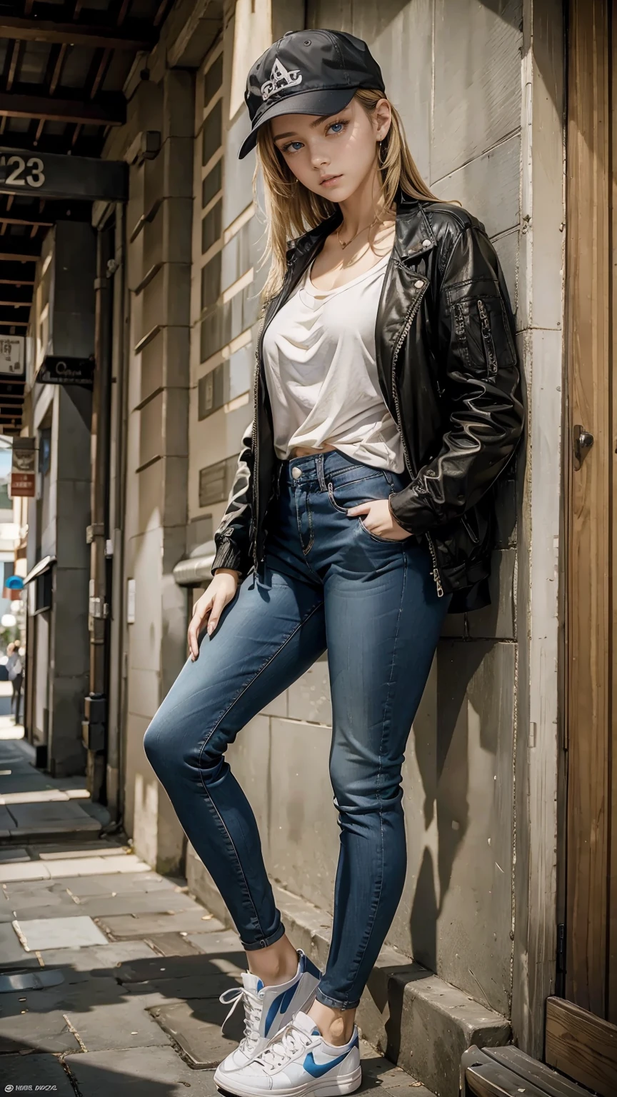 emyliaargan, woman, short black hair, white jacket, smile, jeans, high heels, full body, sitting,, intricate details, hyperdetailed, cinematic, realistic, masterpiece, ((peeing self)), jeans soaked with pee