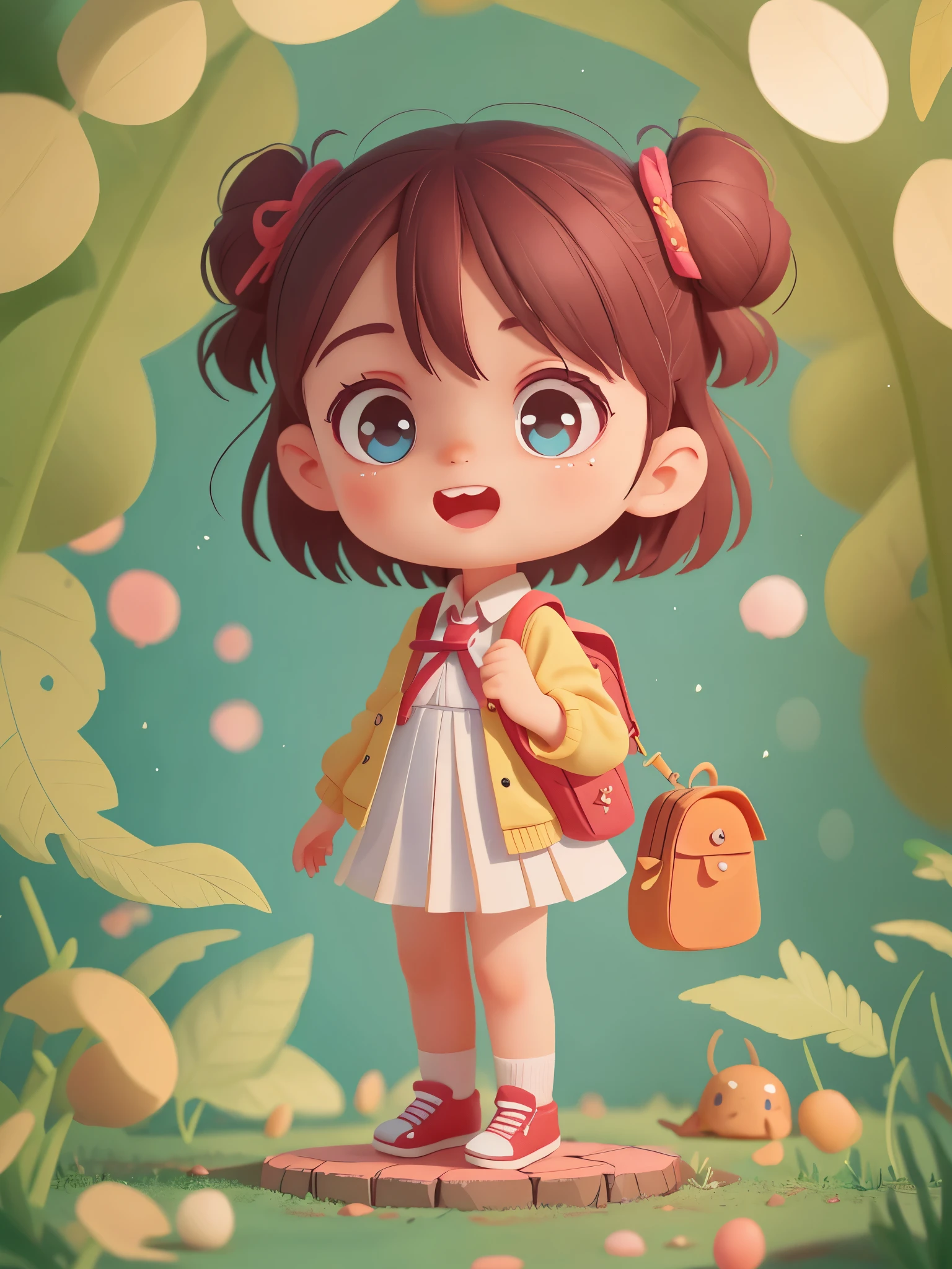 school bus,A girl from preschool stood next to her, 站在school bus旁边, (masterpiece: 1.2) (actual: 1.2) (Bokeh) (best quality) (delicate skin: 1.3) (intricate details) (8k) (delicate eyes) (sharp focus), (happy)