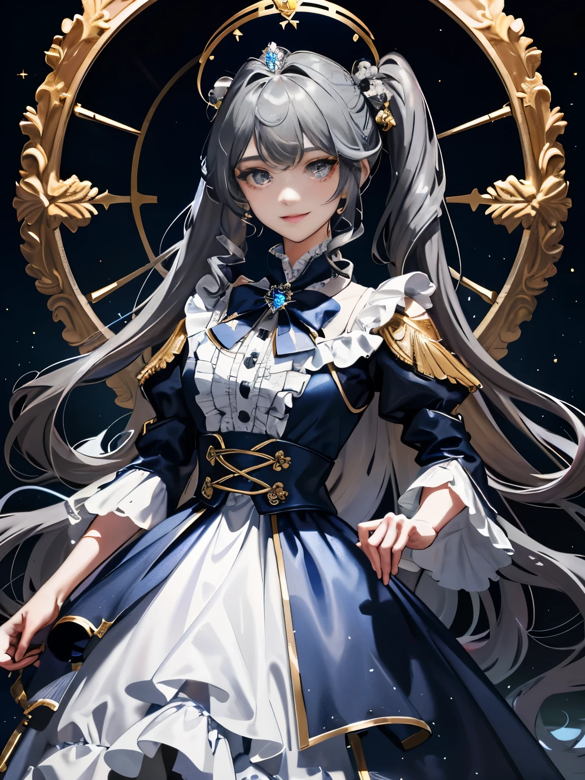 dramatic composition, Navy blue coat-style dress with golden embroidery, royal, nice, カスケードfrills, frills,,Lots of races, bow, crystal chandelier, Roman curly hairstyle, Twintail hair with dark silver curls, look at the camera, bangs, maximalism, palace background, Delicate depiction of hair and eyes, princess dress, nice skirts,  smile, Eyes like the starry sky, cinematic light, extreme detail, High resolution, happy girl, very long hair, diamond, broken diamond, crystal shards, particles of light
