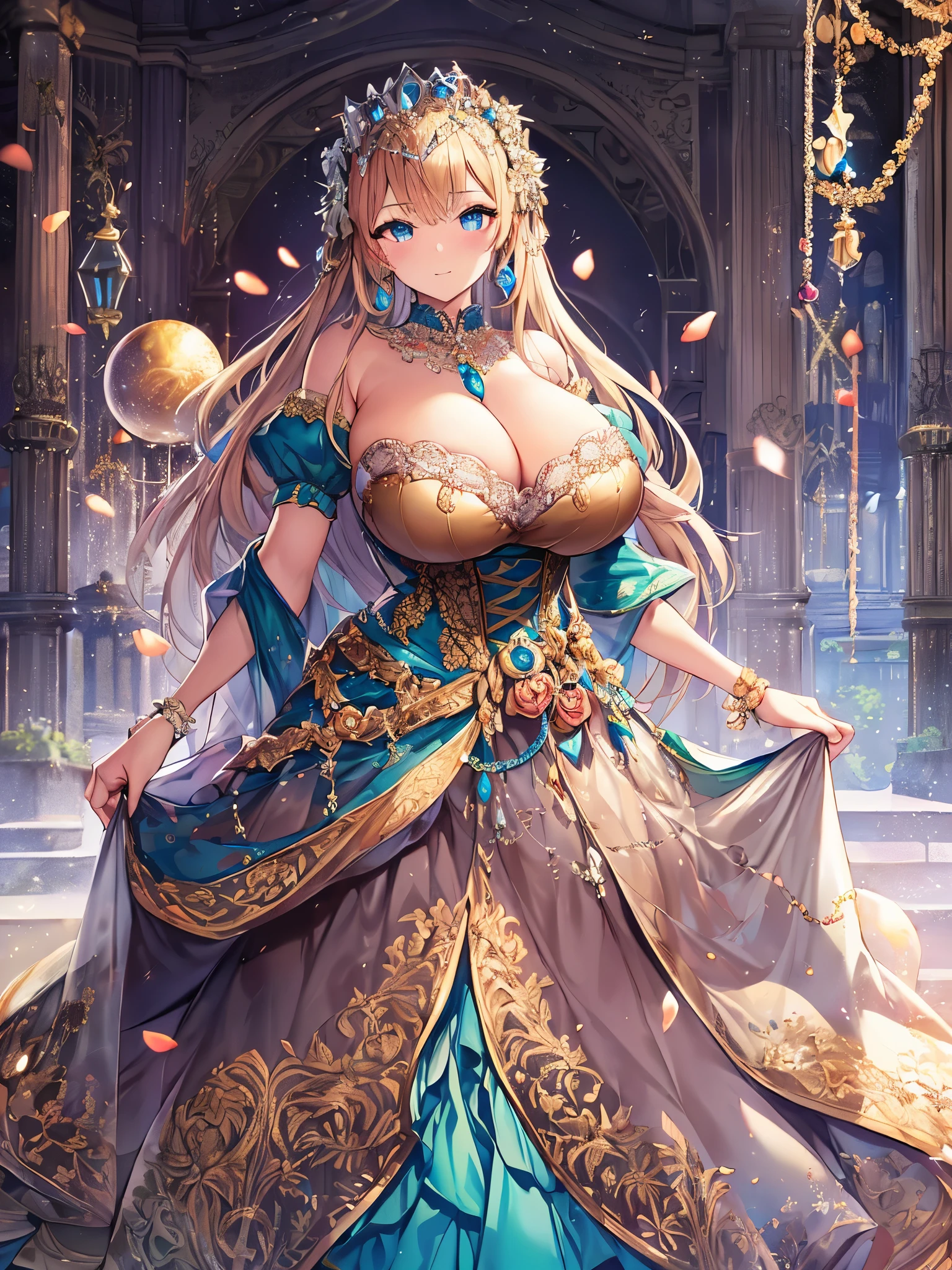 anime artstyle,Masterpiece,Best Quality,Super Detail,((Very Delicate and Beautiful)),((1 plump princess in beautiful embroidery and jeweled gorgeous rococo ballgown with voluminous hoop skirt)),((crinoline style)),((Solo)),Standing,((full body)),(((very gigantic breasts,very gigantic breasts,sagging breasts,skindentation))),cleavage,detailed face and eyes,jewel-like eyes,((extremely voluminous straight Hair,Extremely Long Straight Hair)),(((gorgeousfull embroidery and lace,beautiful embroidery and jeweled))),Gorgeous Gemstone Jewelry,gorgeous corsage,gorgeous hair ornament,((gorgeous glitter jeweled tiara)),((full body)),((beautiful embroidery and jeweled gorgeous rococo ballgown with voluminous hoop skirt)),((crinoline,Long train)),(Standing in luxury garden),,floating castle,flowers,flower petals flowing,Dynamic Angle,Looking at viewer,(((beautiful embroidery and jeweled gorgeous rococo ballgown with voluminous hoop skirt))),full body,