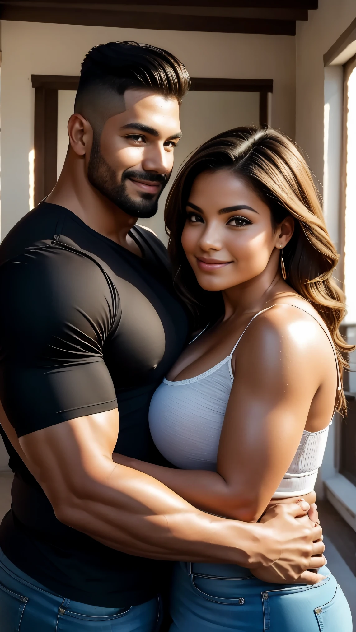 Photo of a Latin couple embracing in a romantic pose. Man is handsome and muscular, cabelo preto Liso Undercut. Mulher chubby blonde linda. Very high quality photography, 8k, tirada de uma Canon EOS R6. They stare at the camera smiling.