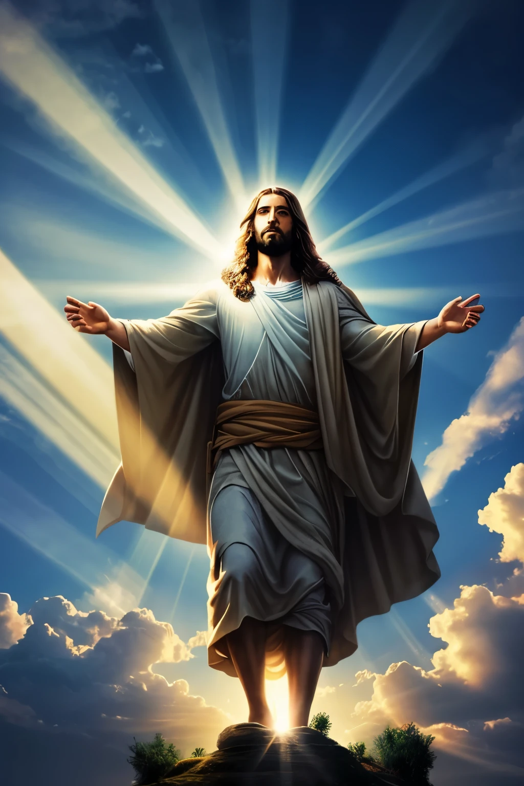 a Jesus Christ Emerging from the sky with many clouds and rays