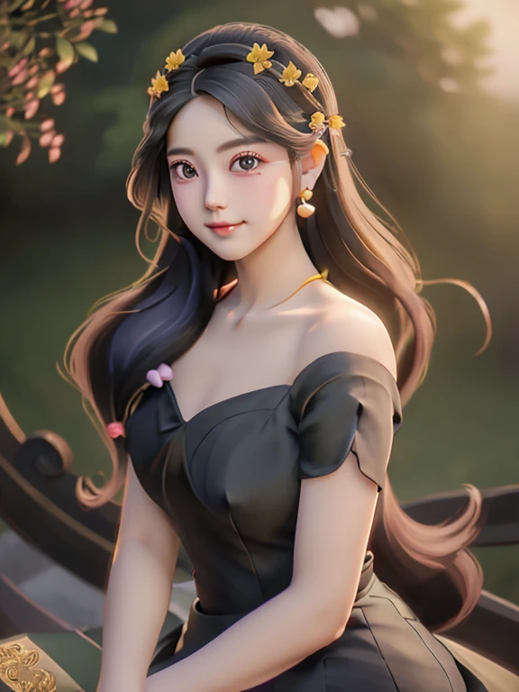 masterpiece, best quality, girl, solo, ((mature female)),, long hair, hair, princess, black dress(dress) (golden dress) fantasy, happy, looking at viewer, cartoon, anime, (oil painting)Burmese girl, 18 years old, Bagan pagoda view background, clear Hd 8k