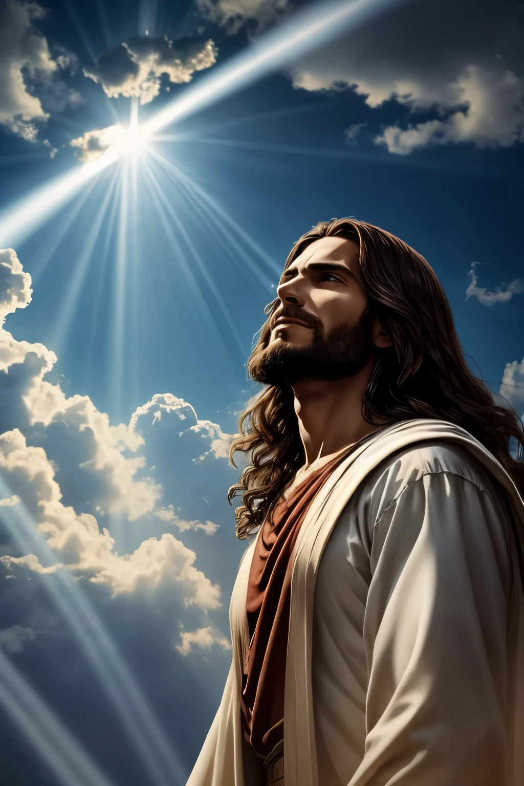 a Jesus Christ Emerging from the sky with many clouds and rays