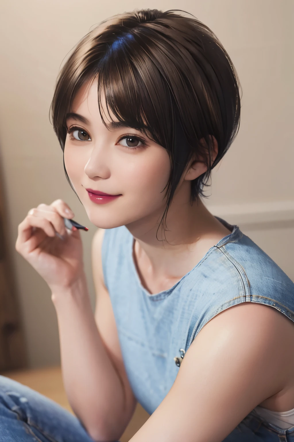 150
(20 year old woman,jeans), (Super realistic), (high resolution), ((beautiful hairstyle 46)), ((short hair:1.46)), (gentle smile), (brest:1.1), (lipstick)
