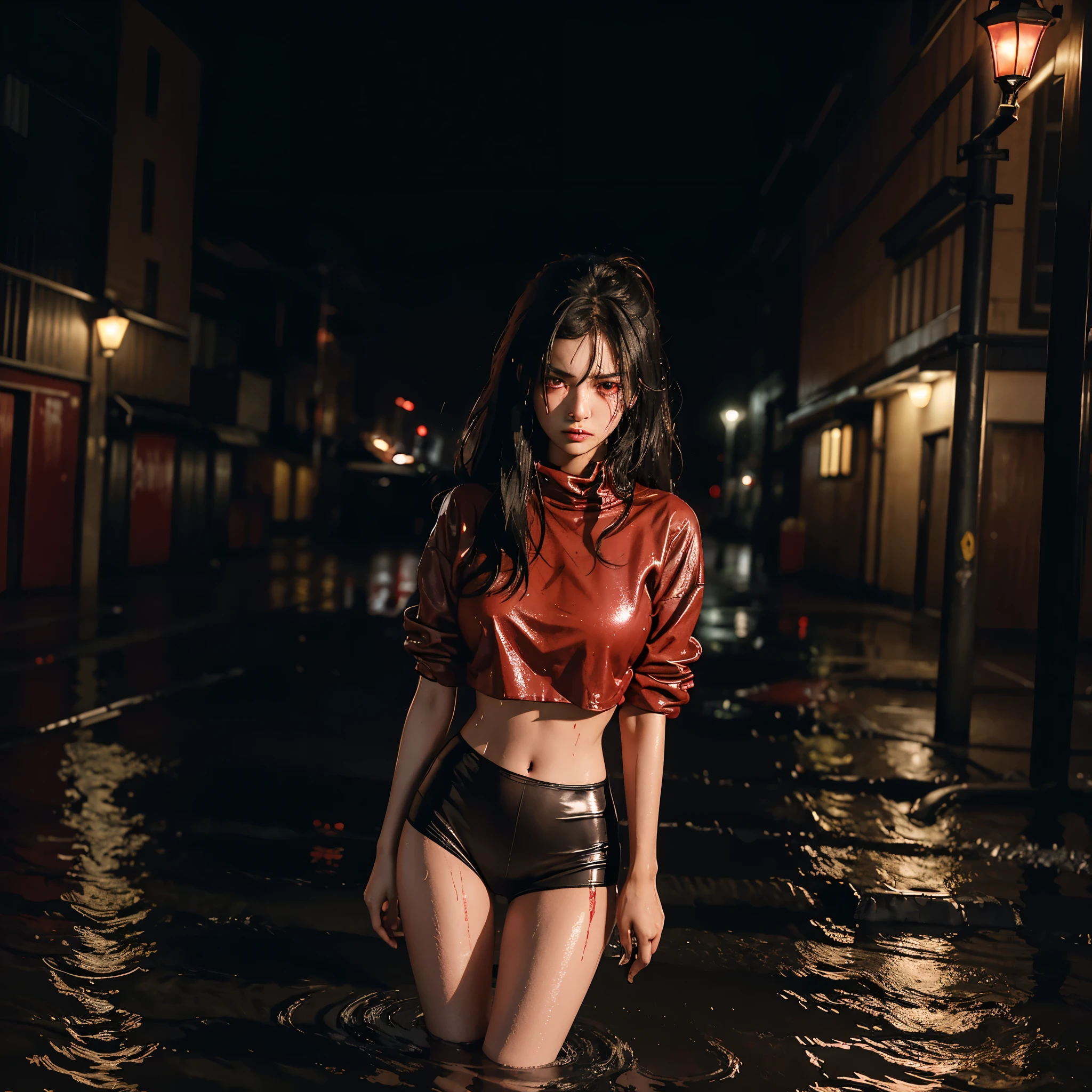 In the dimly lit cityscape of the bustling metropolis, under the blanket of a heavy rainstorm, a solitary figure emerges. The 1 girl, clad only in a ripped Serafuku crop top that clings to her wet frame, stands in the middle of a deserted alley, her bare legs gleaming in the puddles of rainwater. Her nasty face, marked with tears and a crimson streak of blood, is a testament to her harrowing ordeal.
As she faces the audience, her intense gaze pierces through the veil of the rain, her sharp, piercing eyes reflecting the bright red light of the nearby streetlamp. With a