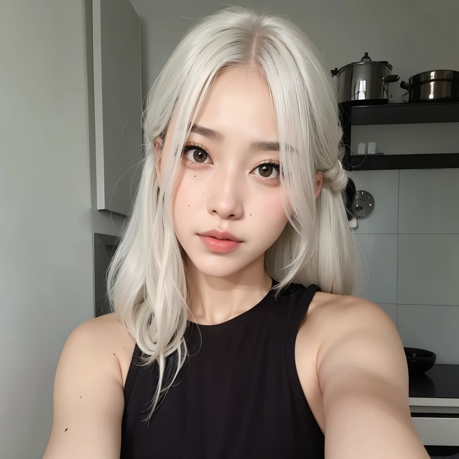  loira com cabelo longo e top preto posando para uma foto, cabelo claro, garota de cabelos brancos perfeita,  com cabelo branco, her hair is white, cabelo loiro muito claro,  coreana, com cabelos longos brancos, penteado com corte hime branco, cabelo loiro extremamente claro, cor de cabelo branco, com longos cabelos brancos, linda mulher sul-coreana, cabelo loiro branco