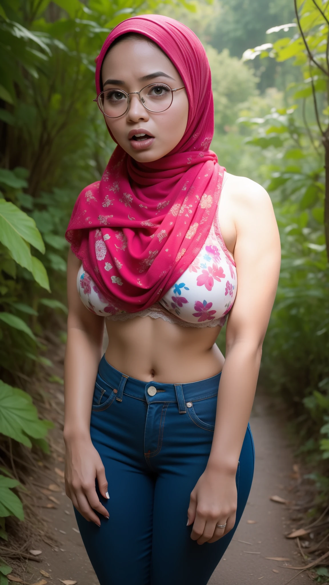 malay hijab girl,,open mouth,big mouth,pink lips,lace mini skirt,hand touch breast,very small breast,nice nipples,full body,forest background,hd