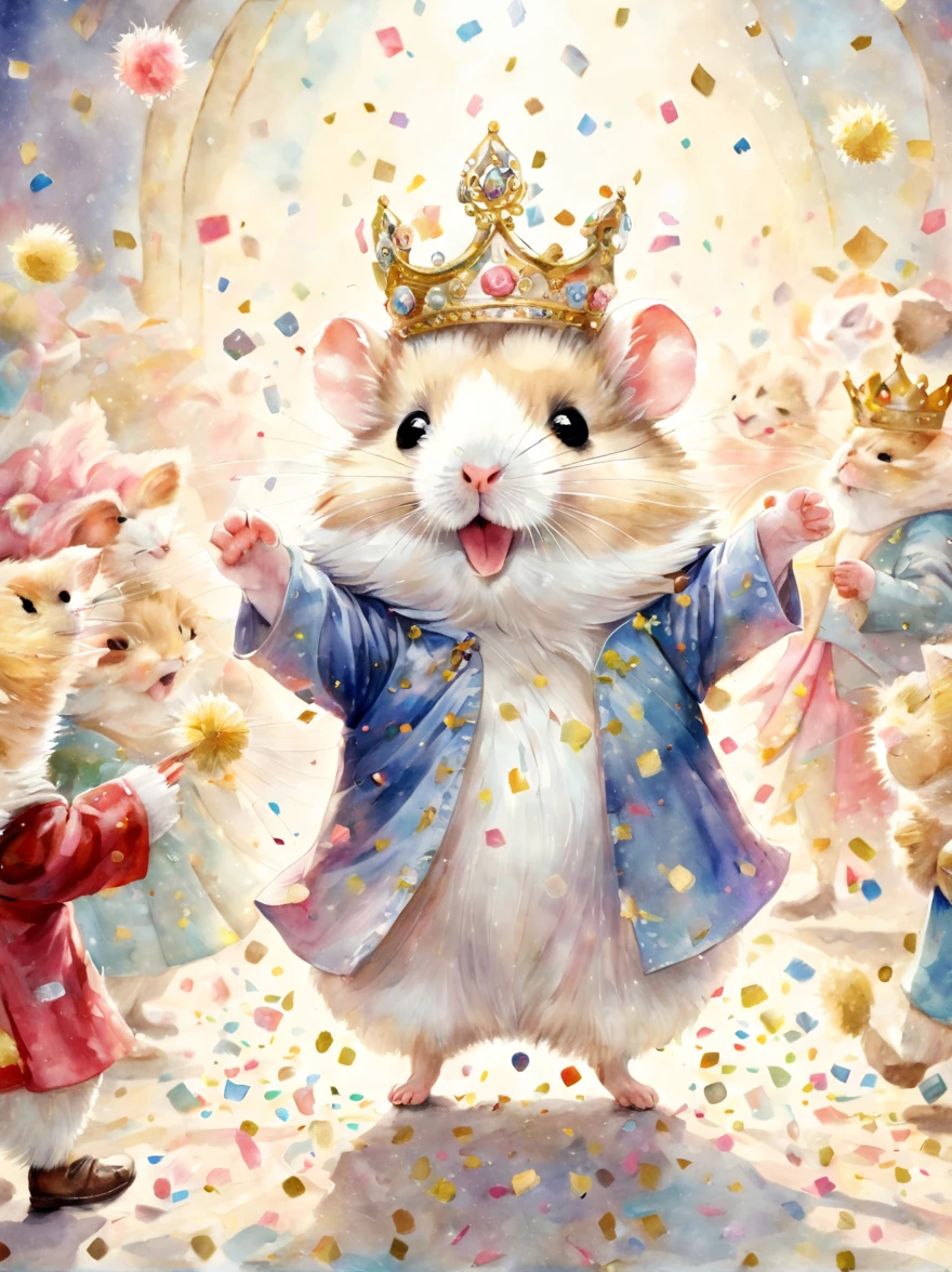 ((danceハムスター)),((confetti)),dance,raise a hand,jump,open your mouth,indoor,masterpiece,highest quality,fluffy hamster,Little,cute,fun,happiness,,Fashionable scenery,Sparklingエフェクト,celebration,anatomically correct,All the best,最高にcuteハムスター,cuteハムスター，,fantasy,randolph caldecott style,enlightenment,watercolor painting,Gentle shades,((confetti)),Sparkling,star,Light,sequins,crown,The king's cloak,Holding up the trophy